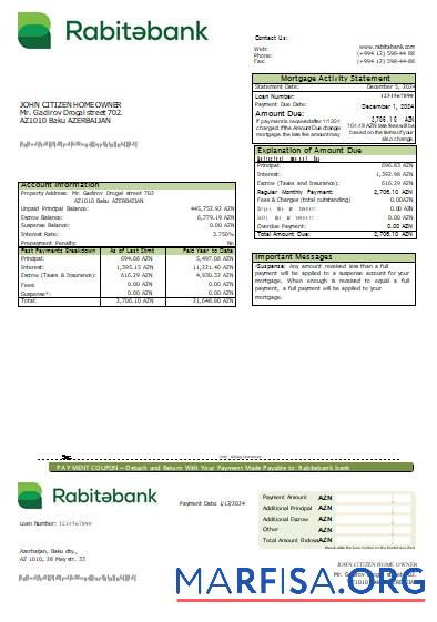 Downloadable Azerbaijan Rabitebank bank mortgage statement scr real example